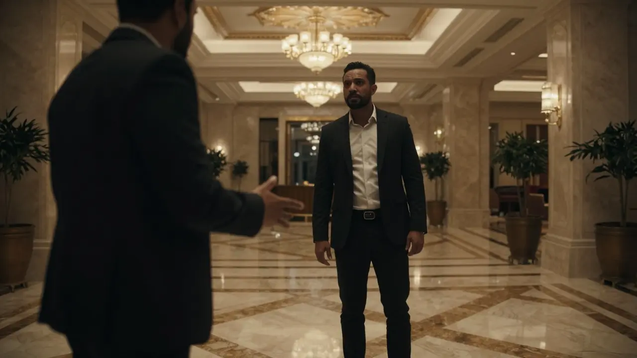 Tourist walking away from suspicious stranger offering illegal escort services in hotel lobby