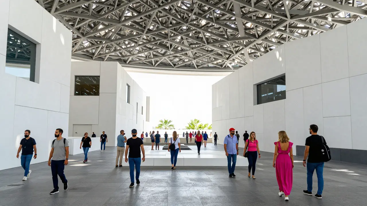 Tourists exploring Louvre Abu Dhabi's atrium with sunlight through dome
