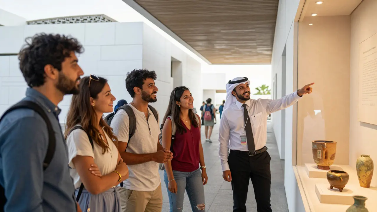 Travelers on a guided museum tour explore Abu Dhabi's Louvre with a licensed guide.