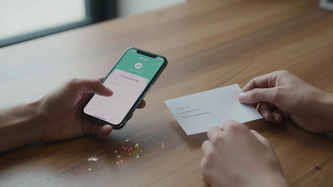 Two hands exchanging a digital payment receipt and a written service agreement on a wooden table in Milan.