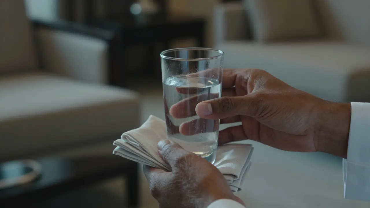 Two hands pass a glass of water with a subtle, intentional touch, conveying trust and connection in a luxury hotel setting.