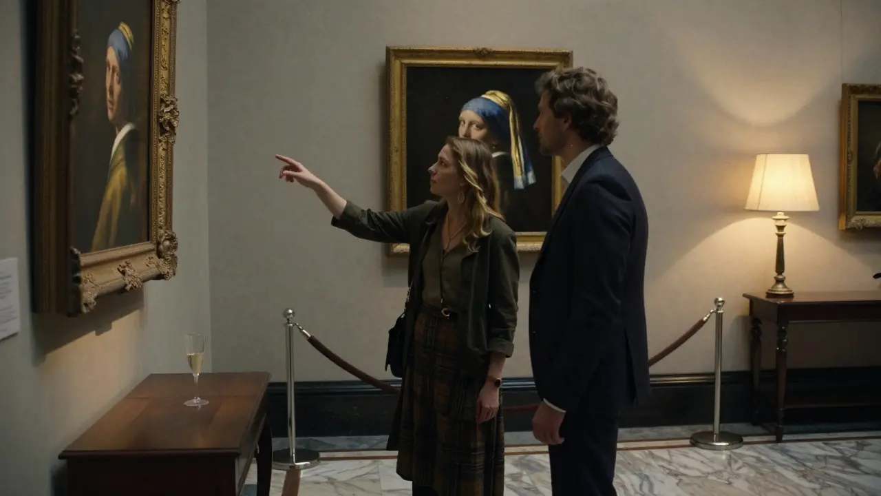 Two people in a private gallery viewing a painting at the Wallace Collection, bathed in gentle museum light.