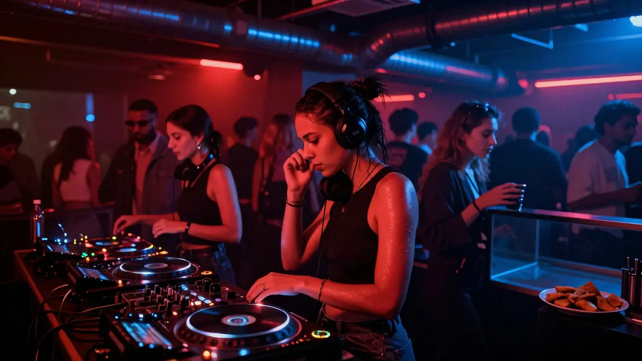 Underground club with dancers under neon lights, DJ spinning deep house in a haze of smoke.