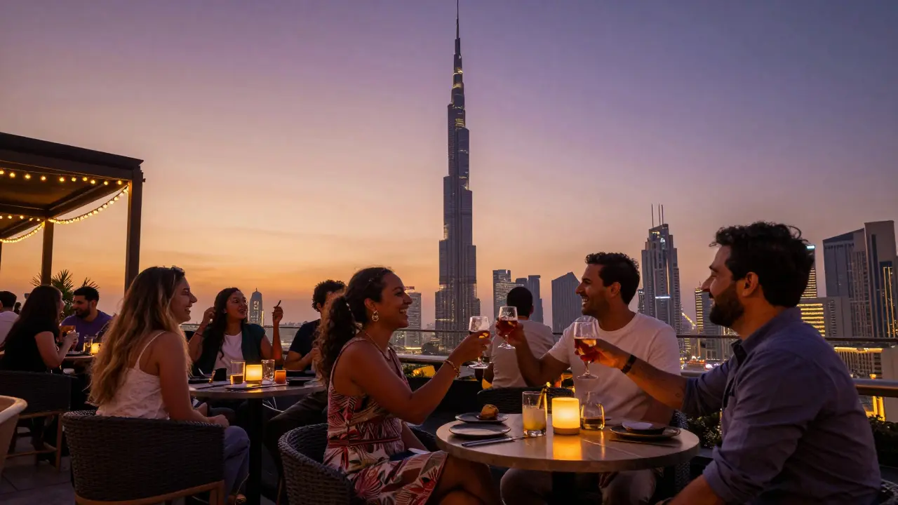 Vibrant people enjoying drinks at a Dubai rooftop bar with the city skyline glowing behind them.