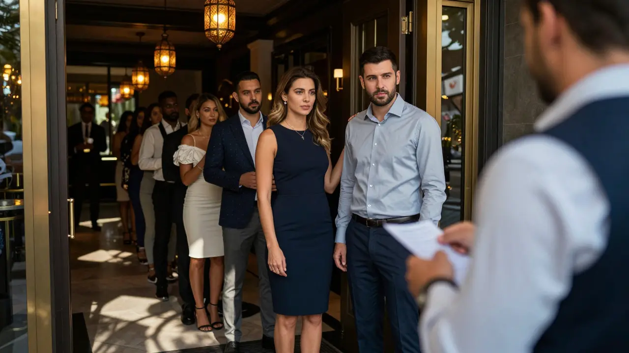 A bouncer checking dress code at a luxury Dubai club entrance with elegantly dressed guests in line.