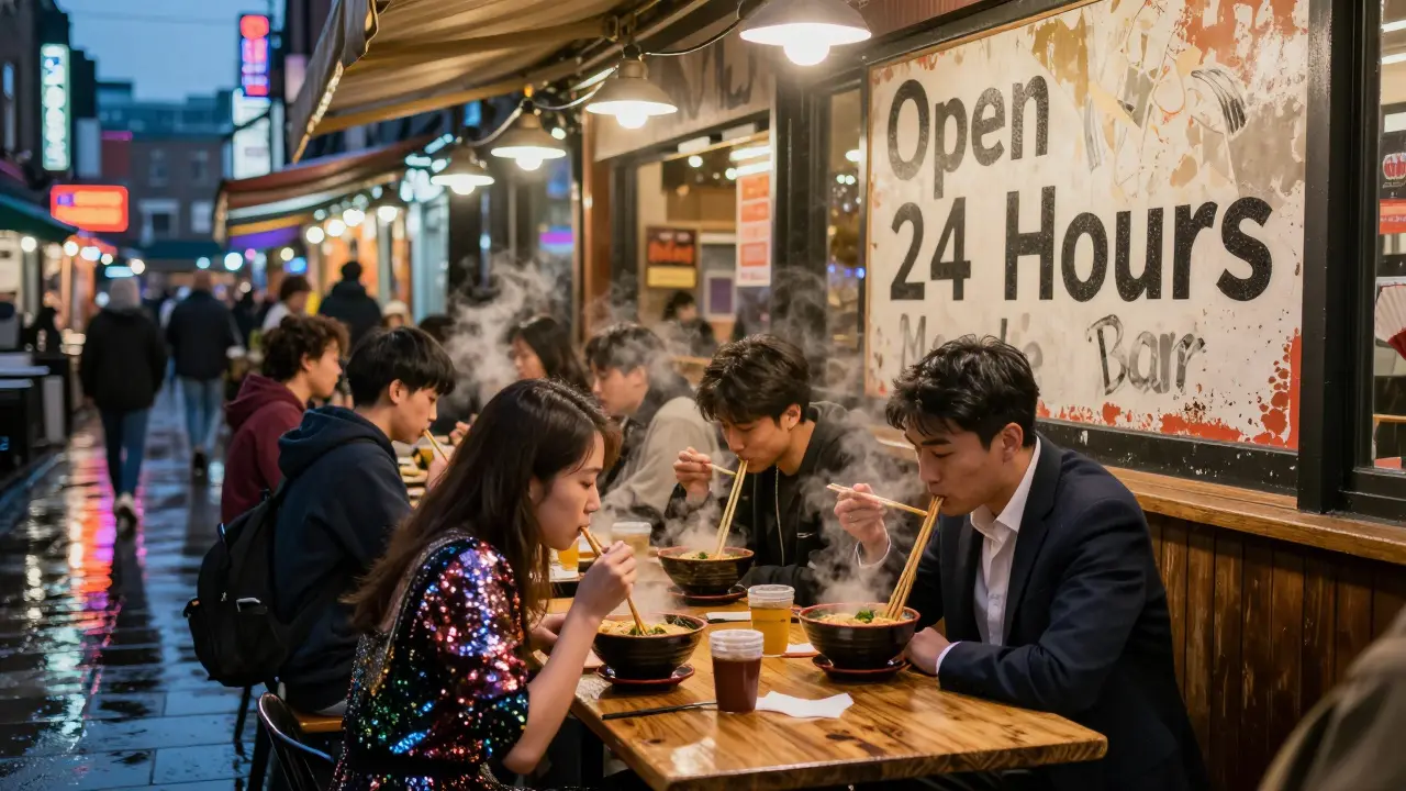 A bustling 24-hour noodle bar in Camden at 3 a.m., with diverse people sharing a table full of steaming ramen bowls.