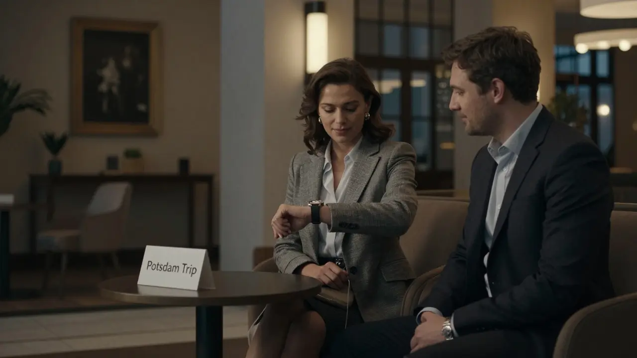 A client and escort meet calmly in a Berlin hotel lobby, confirming their arranged outing.