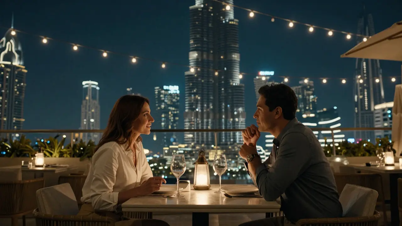 A companion and client enjoying a quiet dinner on a Dubai rooftop with the Burj Khalifa in the background.