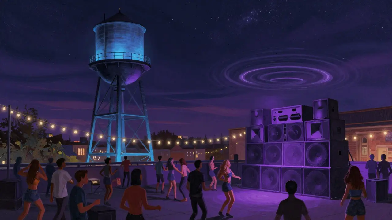 A converted water tower nightclub on a rooftop with people dancing under string lights and a starry night sky.