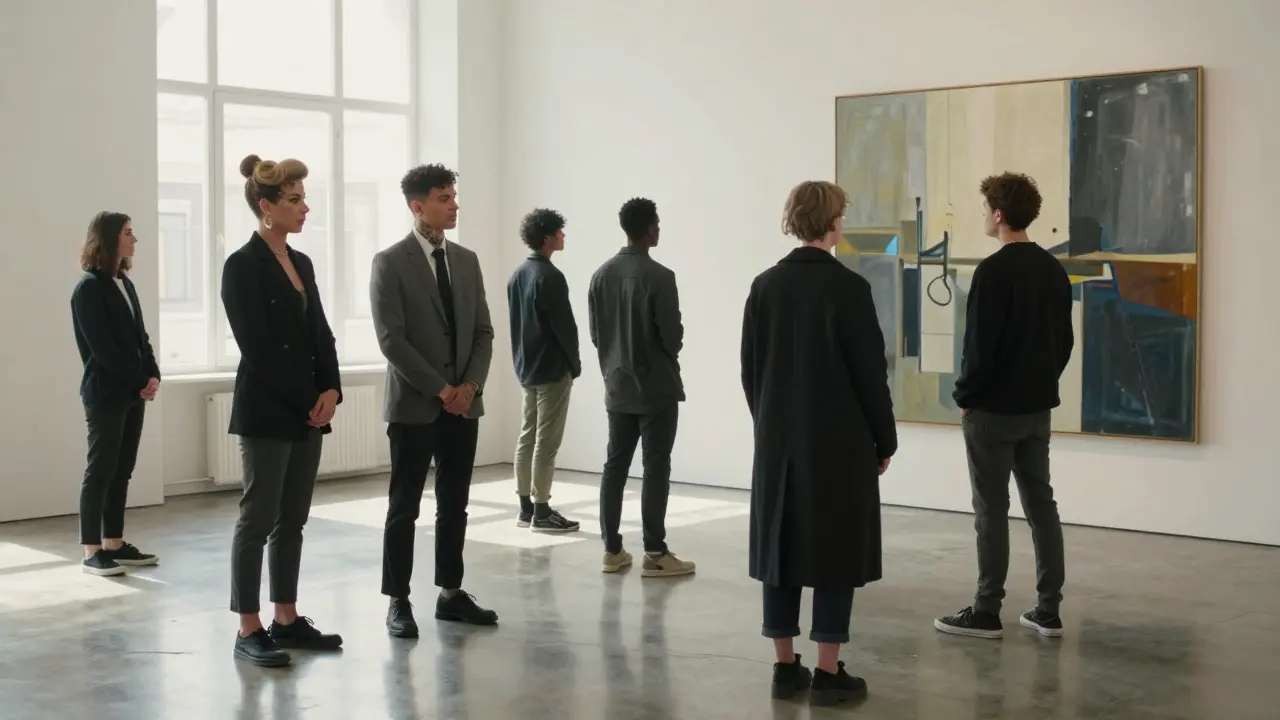 A diverse group of individuals standing together in a Berlin art gallery, quietly observing a painting with mutual respect.