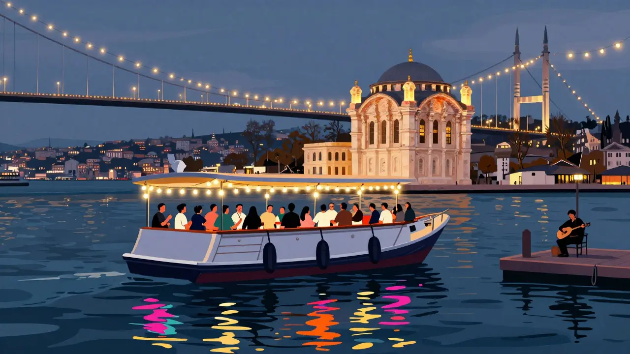 A floating bar on a yacht near Ortakoy Mosque, lit by neon lights and reflecting on the water.