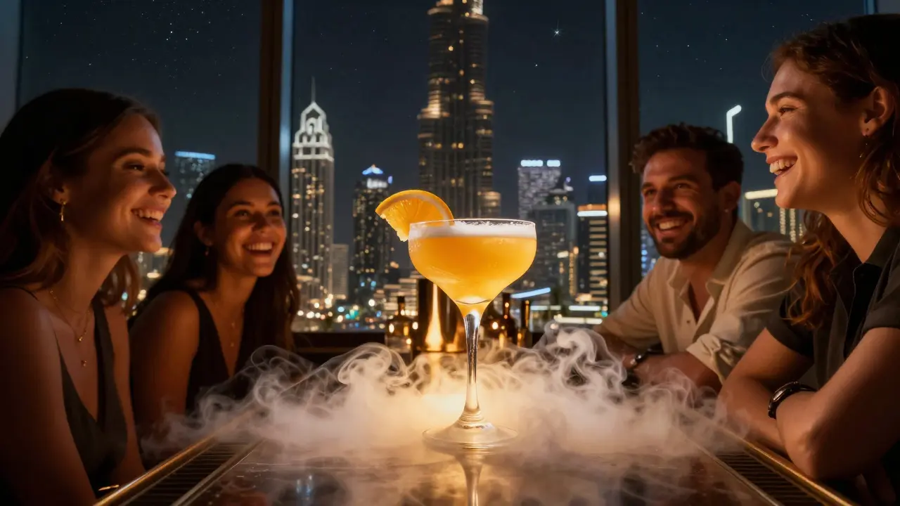 A floating cocktail with citrus smoke above a luxury bar, overlooking Dubai's glittering skyline at night.