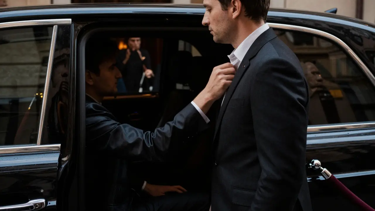 A hand adjusts a man's collar at the entrance of a hidden jazz club, soft light highlighting luxury textures.
