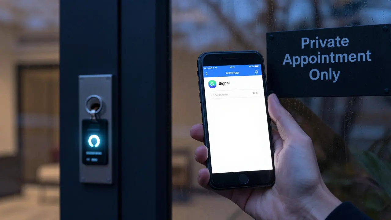 A hand holding a smartphone with an encrypted message, outside a private apartment entrance in twilight, rain on the glass.