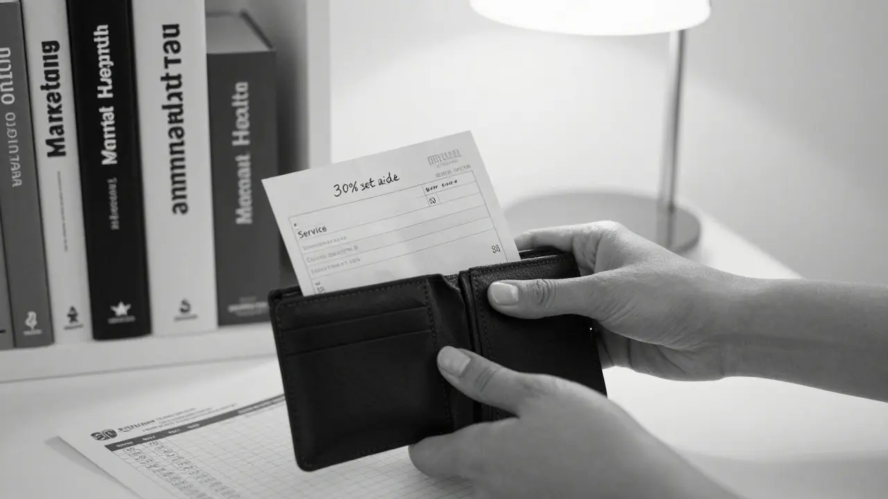 A hand placing an invoice into a wallet beside bank statements and savings tracker, no face visible.