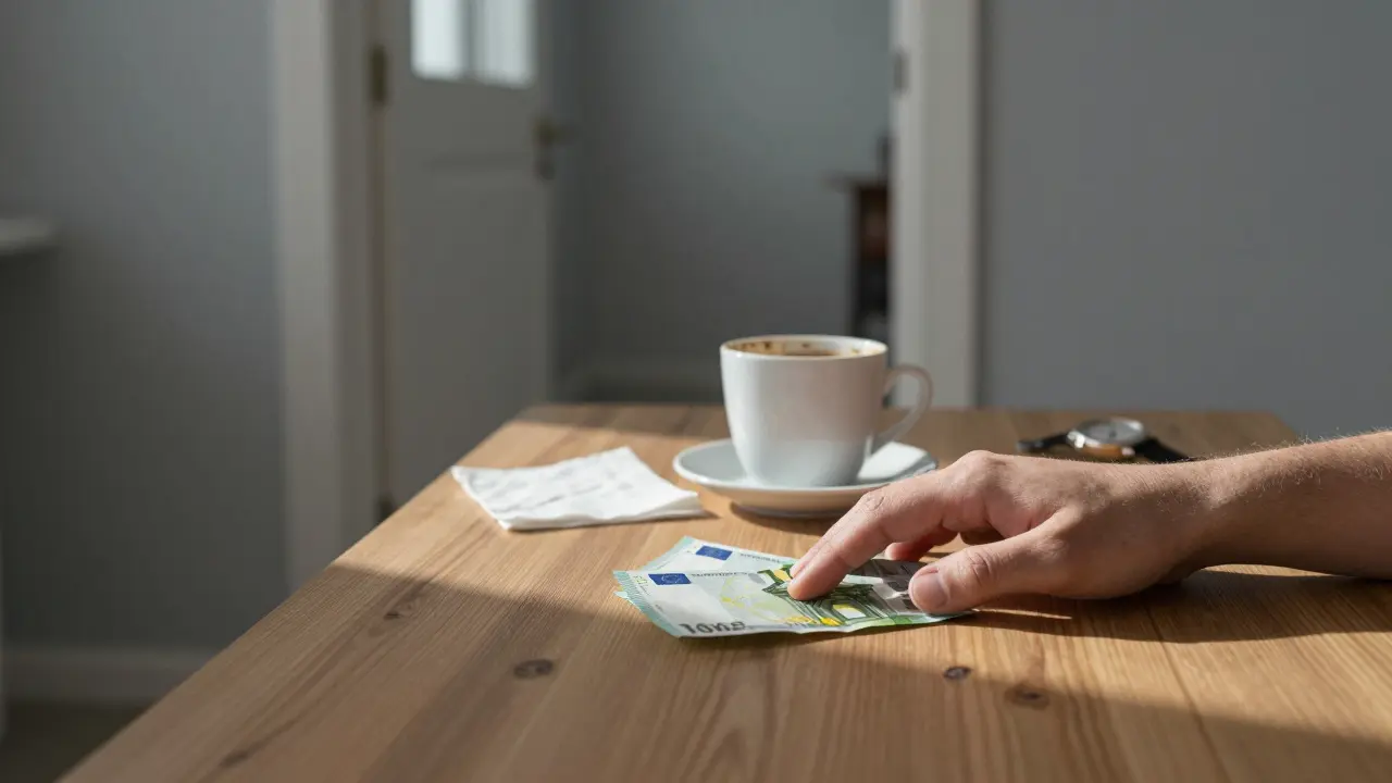 A hand placing cash on a table beside a coffee cup and napkin, symbolizing a respectful, closed encounter.