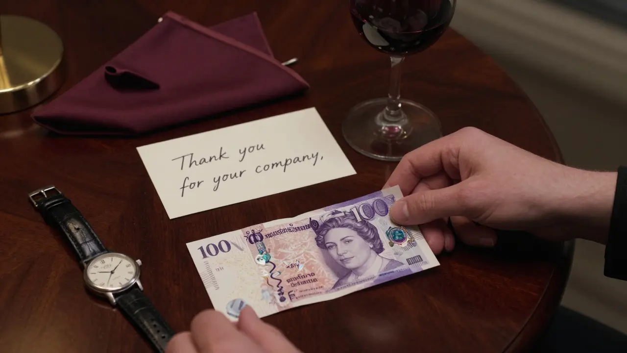 A handwritten thank-you note and cash on a mahogany table, symbolizing discretion and appreciation in London's escort culture.