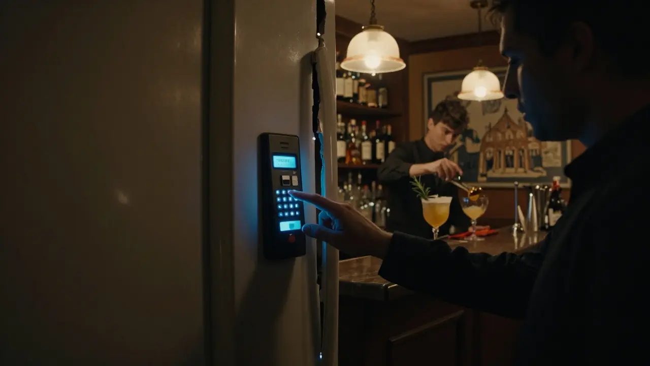 A hidden speakeasy behind a refrigerator door, glowing faintly as someone prepares a cocktail inside.