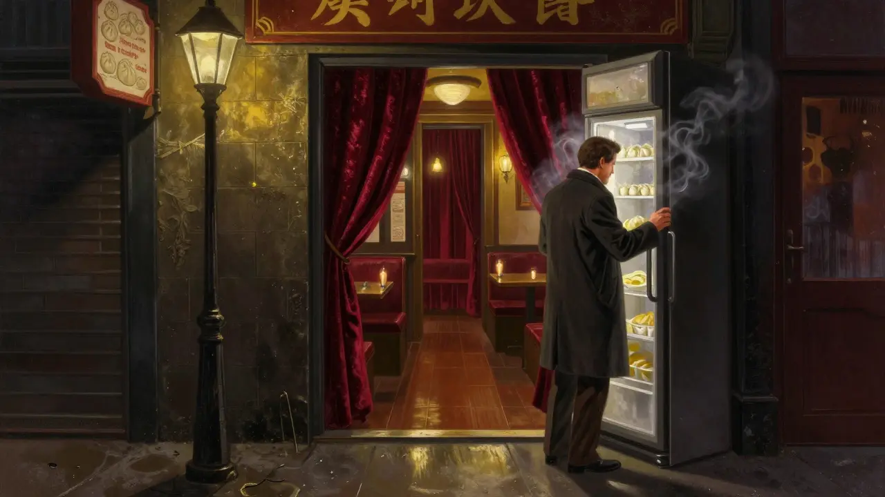 A hidden speakeasy entrance behind a fridge in a Chinese takeaway, revealing a moody, candlelit room with velvet booths.