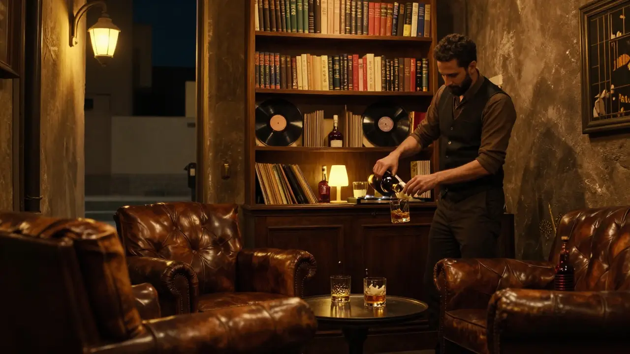 A hidden speakeasy with leather chairs and soft lamplight, where a bartender pours whiskey in quiet, intimate ambiance.