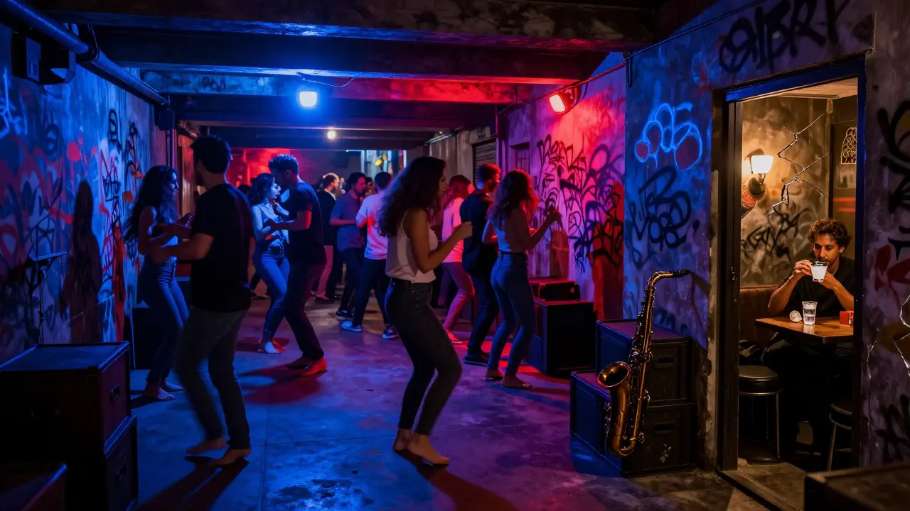A hidden underground club in Beyoglu with vibrant lights and a diverse crowd dancing.
