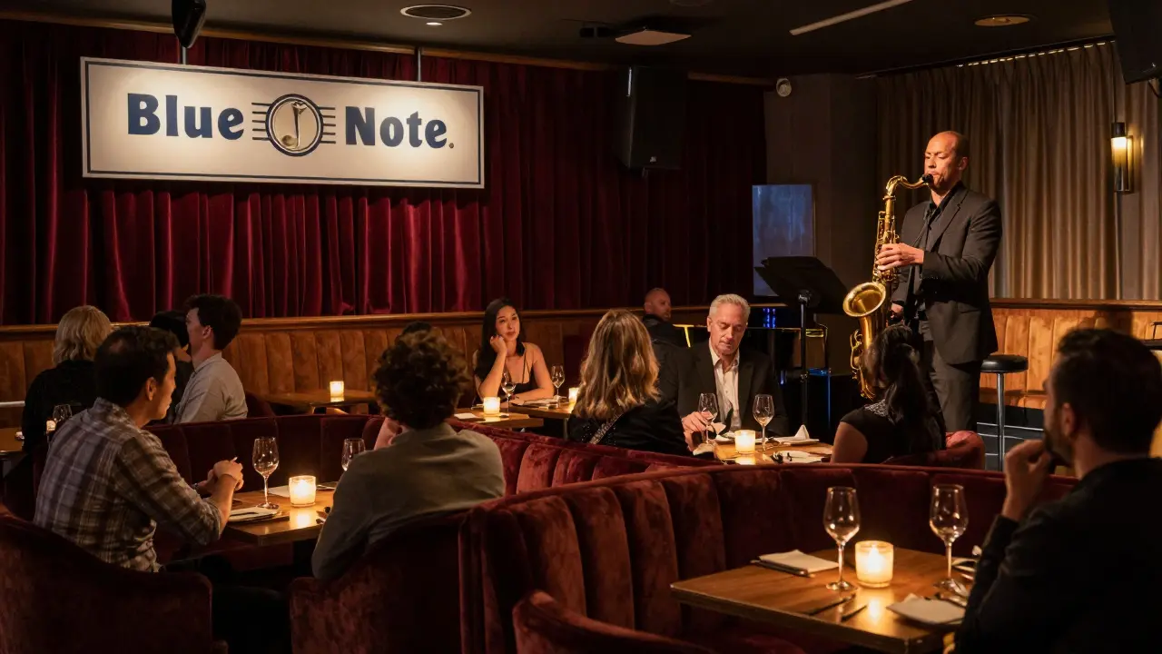 A jazz musician playing saxophone in a dimly lit lounge with velvet booths and attentive listeners.