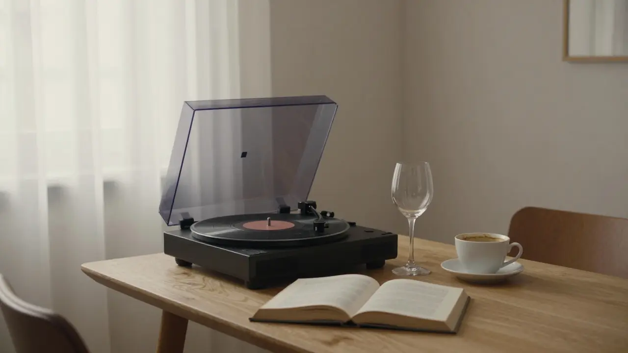 A peaceful morning in a Parisian apartment, with a record playing, wine glass, and open book on the table.