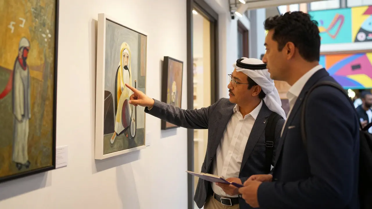 A person exploring art with a companion in Alserkal Avenue, engaging with a painting in a vibrant cultural setting.