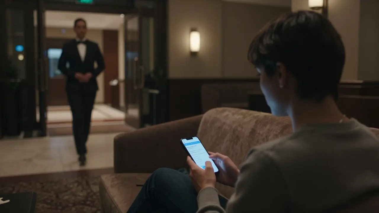 A person waiting safely in a hotel lobby, meeting an escort who approaches with professionalism and distance.