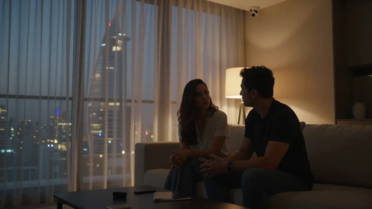 A private Dubai apartment at twilight, two people talking calmly, no devices or cameras active.