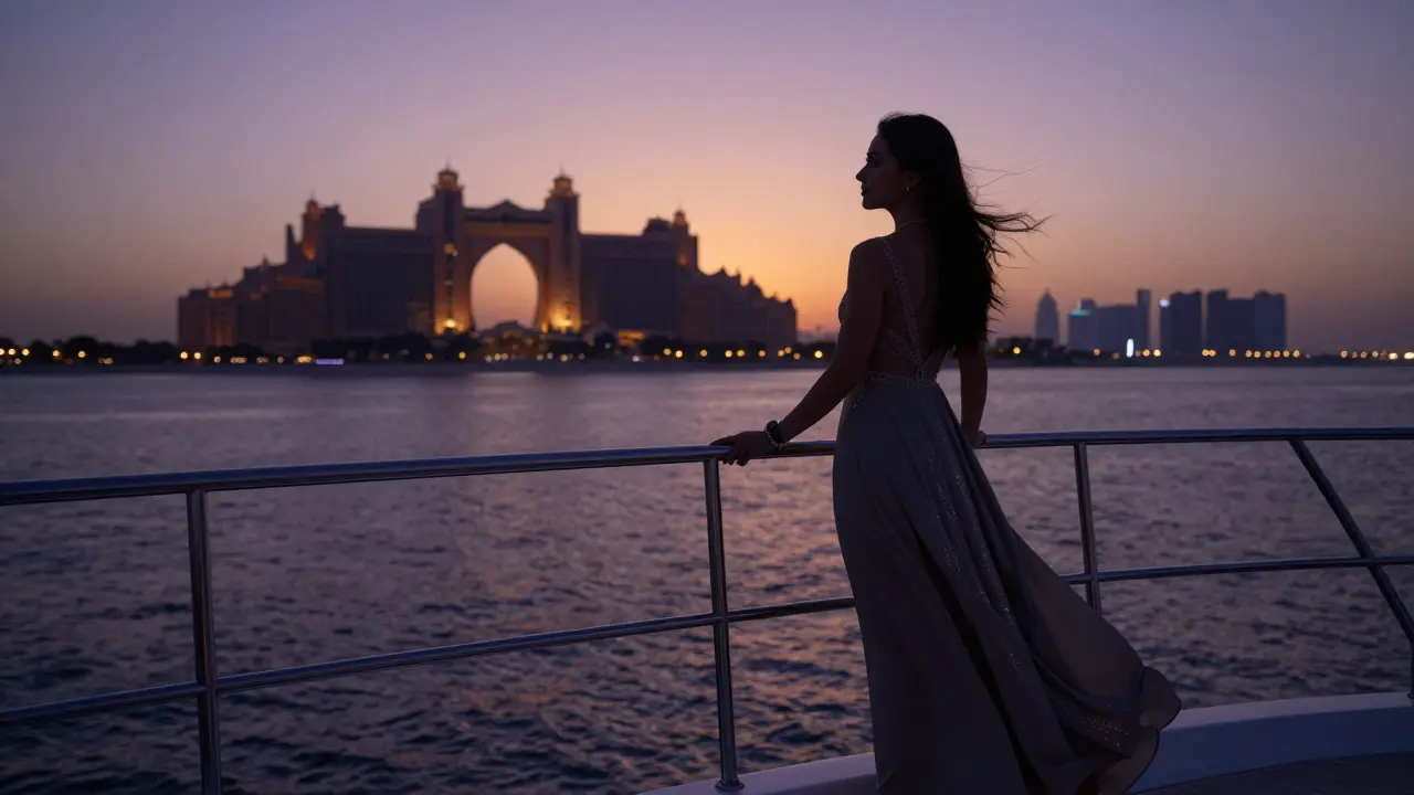 A private yacht at sunset off Abu Dhabi's coast, a lone figure gazing at the horizon with the city glowing behind.