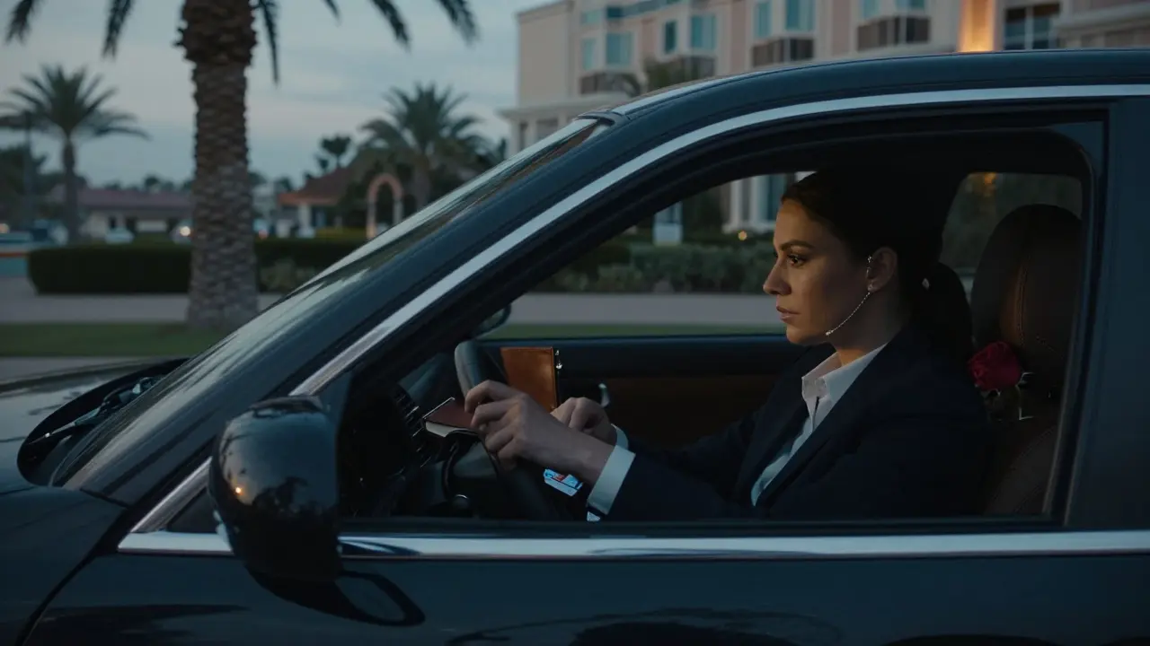 A professional companion in a luxury sedan, waiting discreetly near a five-star hotel in Abu Dhabi at dusk.