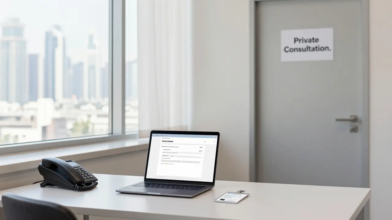 A professional consultation space in Dubai with a landline, ID badge, and bank transfer receipt.