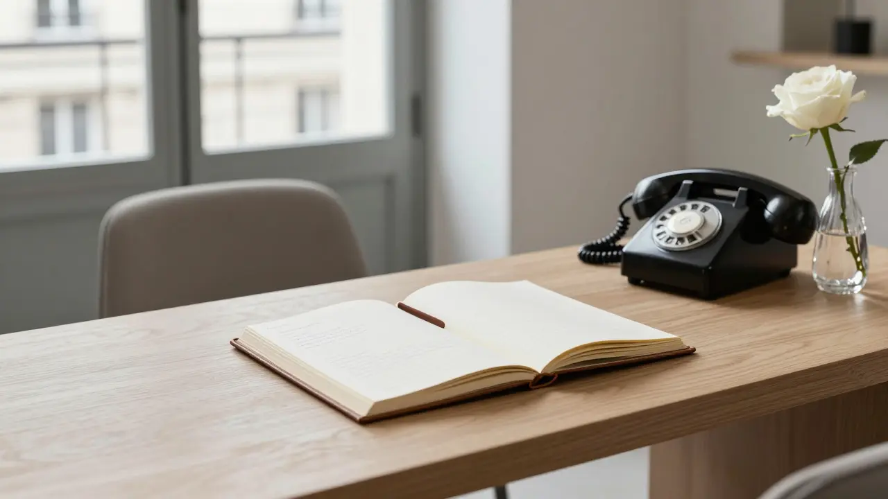 A quiet, elegant concierge office in Paris with a leather guest book and a single rose on a wooden desk.