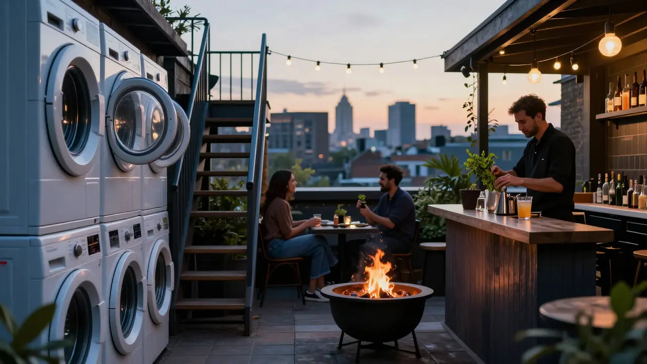 A rooftop bar above a laundromat, with washing machines below and guests enjoying drinks under string lights at dusk.