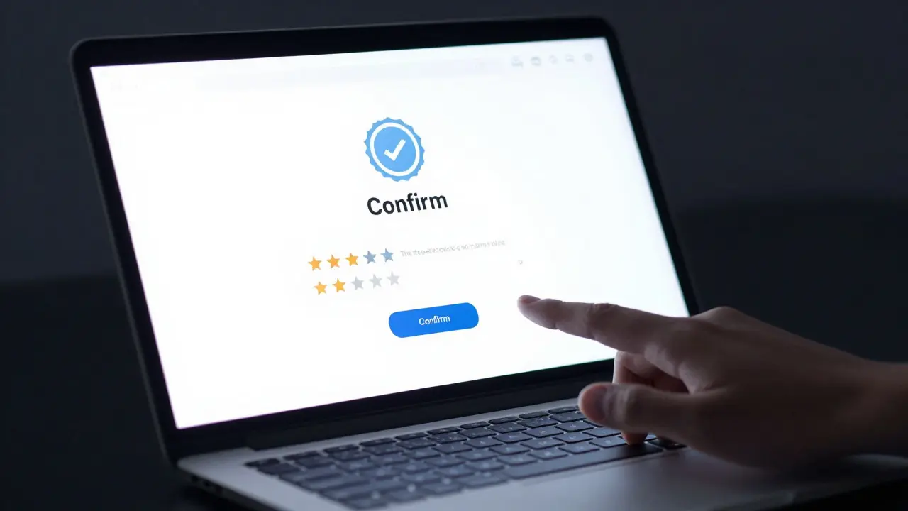A secure booking portal on a laptop screen with a verified badge, in a dimly lit room.