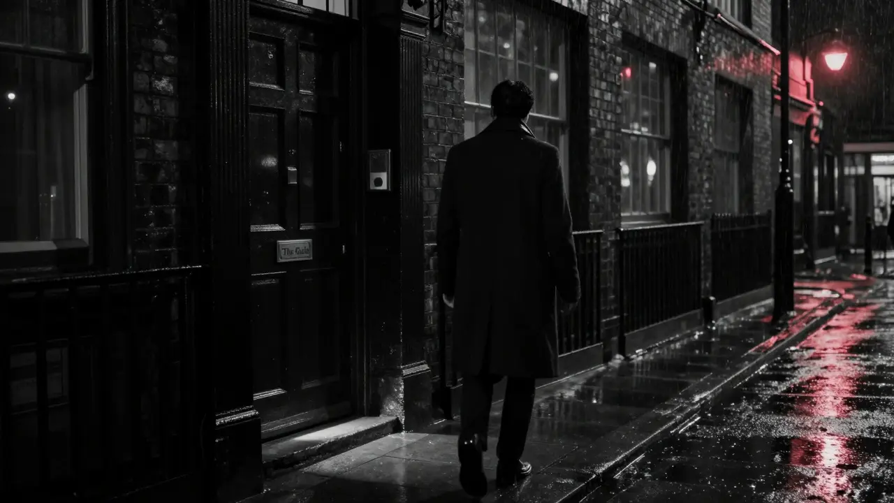 A shadowy figure approaching a hidden, unmarked door in a London alley, symbolizing ultimate discretion.