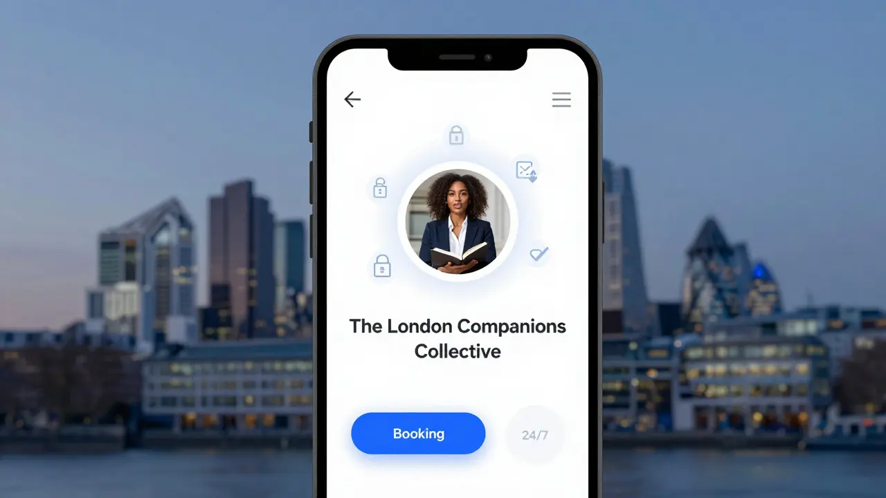 A smartphone displaying a secure companion service booking interface with encryption and safety icons.