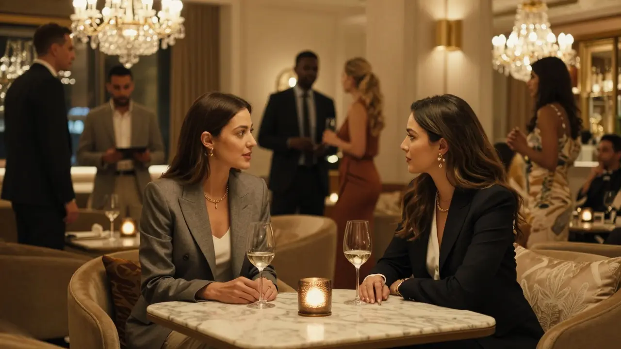 A sophisticated woman and her companion engaging in calm, elegant conversation at a private Dubai lounge.