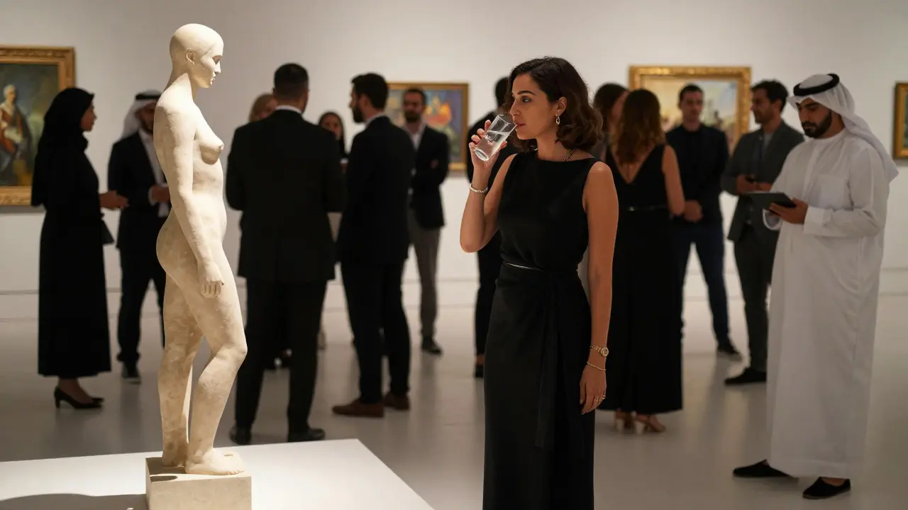 A sophisticated woman at an art gallery opening in Abu Dhabi, blending seamlessly into an elite social crowd.