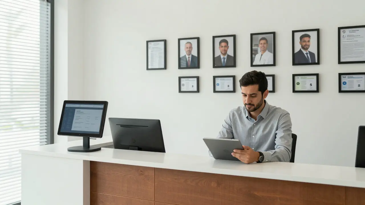 A transparent companion agency office in Dubai with verified staff profiles and secure booking systems.