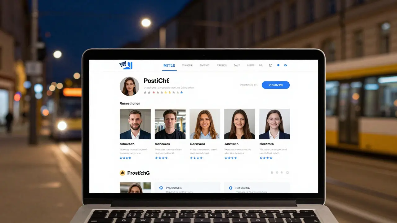 A verified escort profile on a laptop screen displaying clear photos, reviews, and registration details against a blurred Berlin night view.