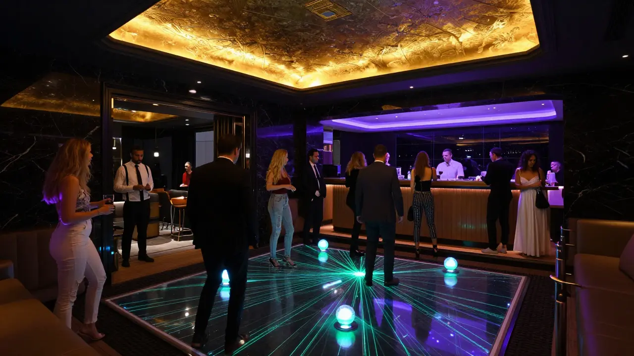 A vibrant underground club with laser lights, black marble walls, and guests dancing under glowing glass cocktail orbs.