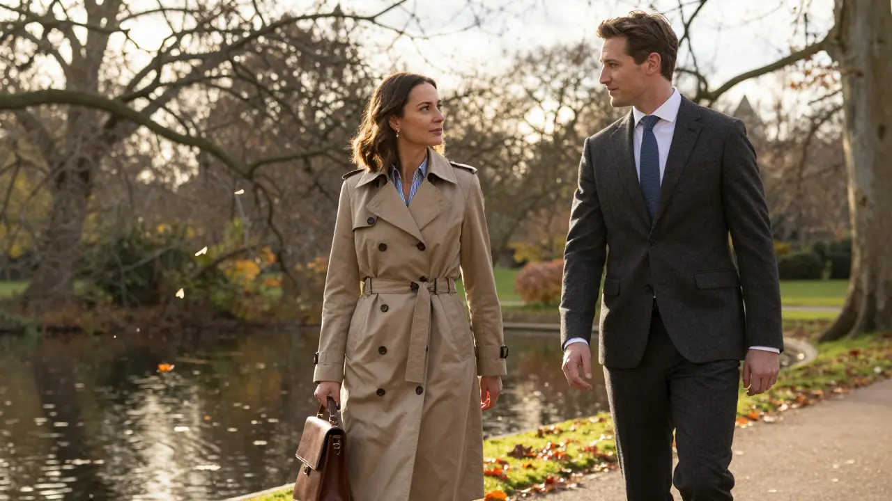 A well-dressed couple walks through Hyde Park at dusk, engaged in calm conversation amid autumn leaves.