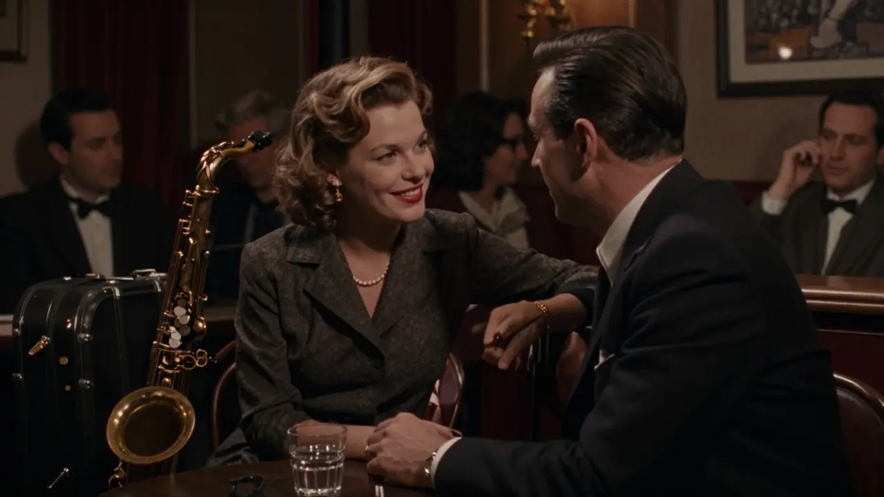 A woman and man in conversation at a cozy Paris jazz club, soft spotlight highlighting their connection.