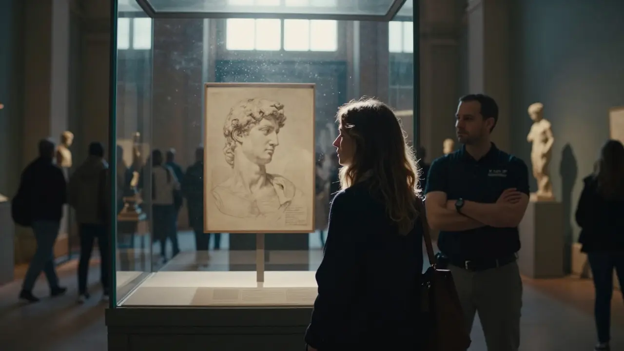 A woman gazes at a hidden Michelangelo sketch in the Louvre, an escort standing nearby, unnoticed by the blurred crowd.