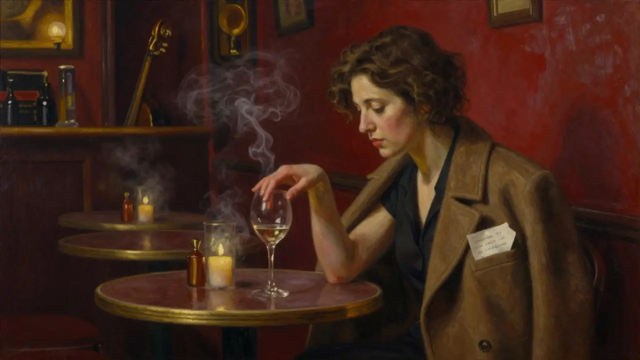 A woman in a jazz bar with a handwritten note in a man’s coat pocket, candlelight casting warm shadows.