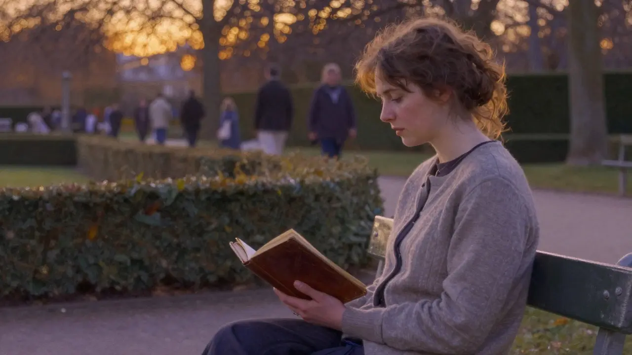 A woman sitting alone on a bench at dusk near Luxembourg Gardens, lost in quiet reflection.