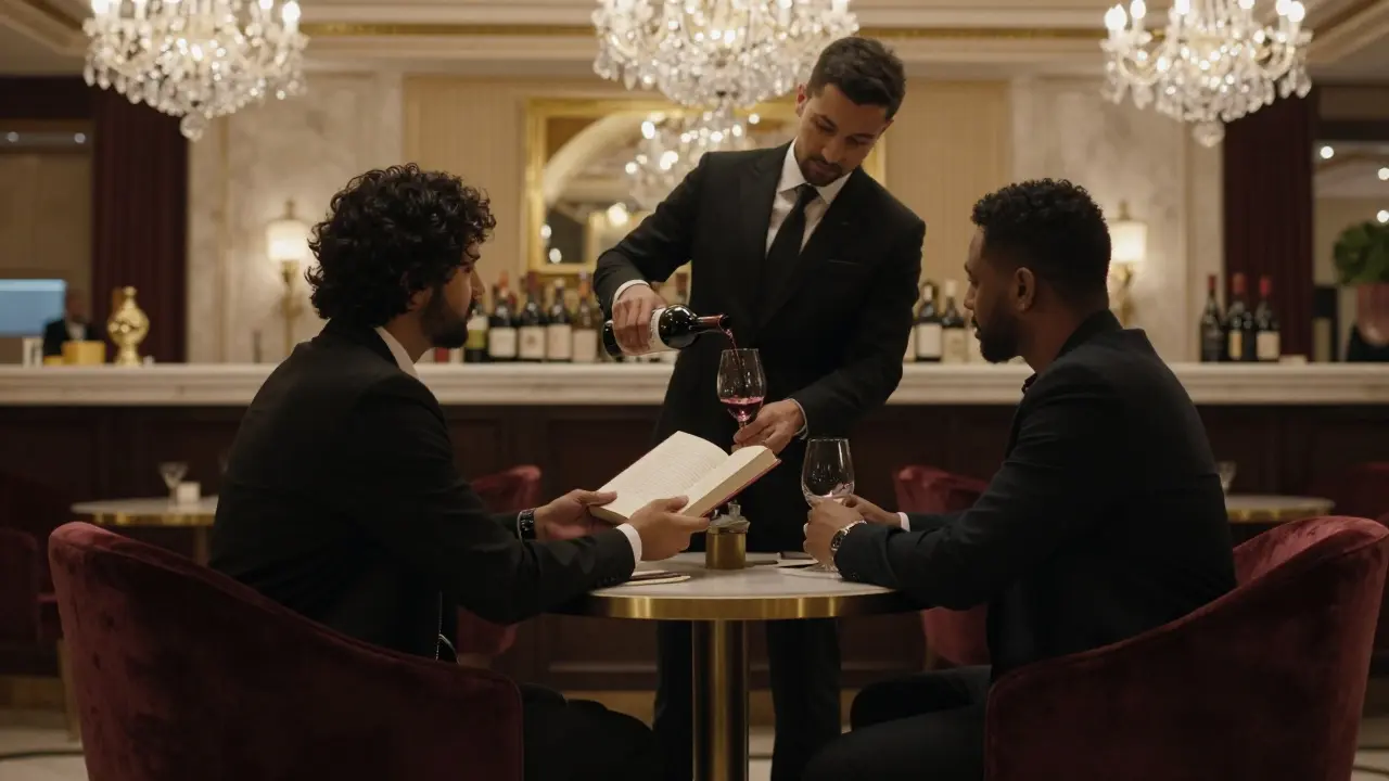 An elegant lounge at Emirates Palace, two silhouettes sharing a book and wine in soft chandelier light.