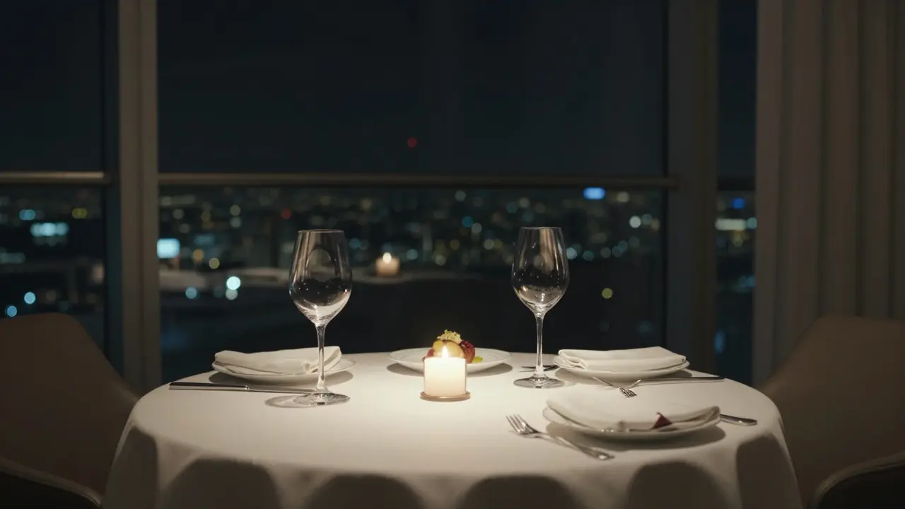 An elegantly set dining table in Dubai with a small tip left on the napkin, conveying respect and closure.